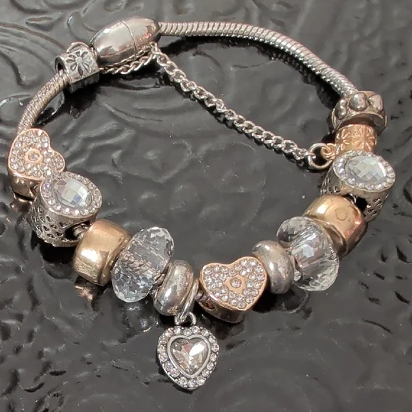 Heart Charm Crystal Bead Bracelet - Two-Tone Silver & Rose Gold - Picture 1 of 1